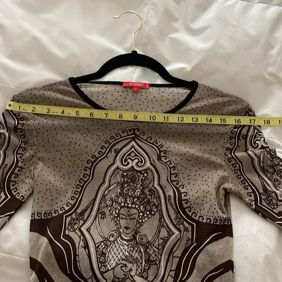 Vintage Noun Paris Tribal Print Y2K 3/4 Sleeve Knit Top BrownBeige made n France - Picture 8 of 11
